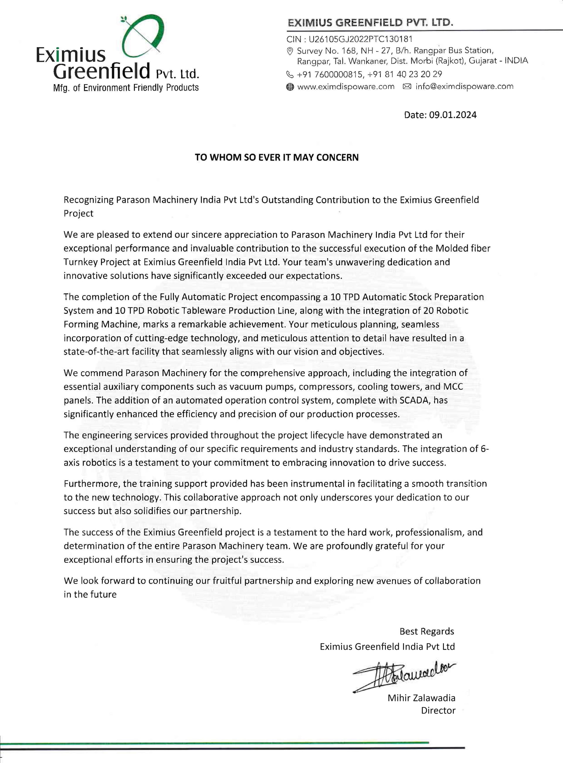 Eximius Greenfield Pvt. Ltd. appreciation letter